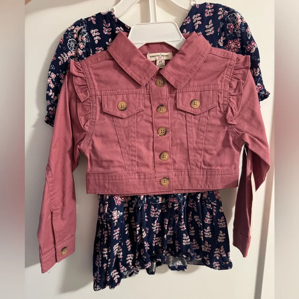 Nanette Lepore Girls 2 Piece Faux Wrap Dress and Pink Jean Jacket - Picture 5 of 5